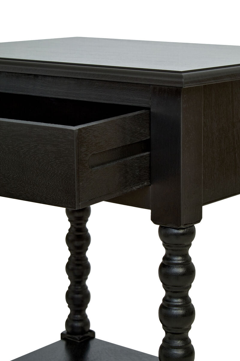 Heritage Black Wooden 1 Drawer Bedside Table with Bobble Legs