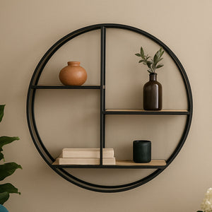 Mataram Wood Effect and Black Metal 3 Tier Round Wall Shelf