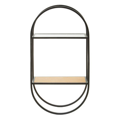 Wall-mounted shelf with black metal frame and wooden shelf on a white background