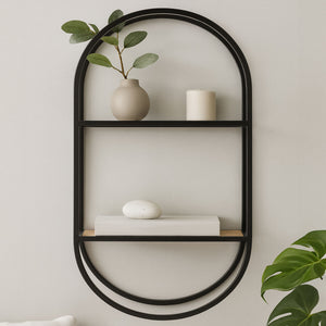 Mataram Black Metal and Wood Effect 2 Tier Wall Shelf