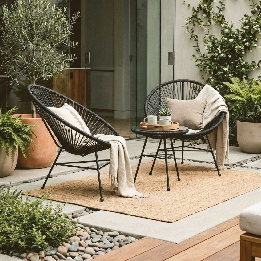 Outdoor patio with black wicker chairs, a small table, and decorative elements.