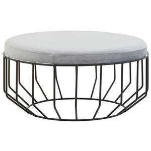 Hayes Round Grey Velvet and Black Metal Large Footstool