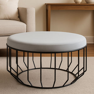 Hayes Round Grey Velvet and Black Metal Large Footstool