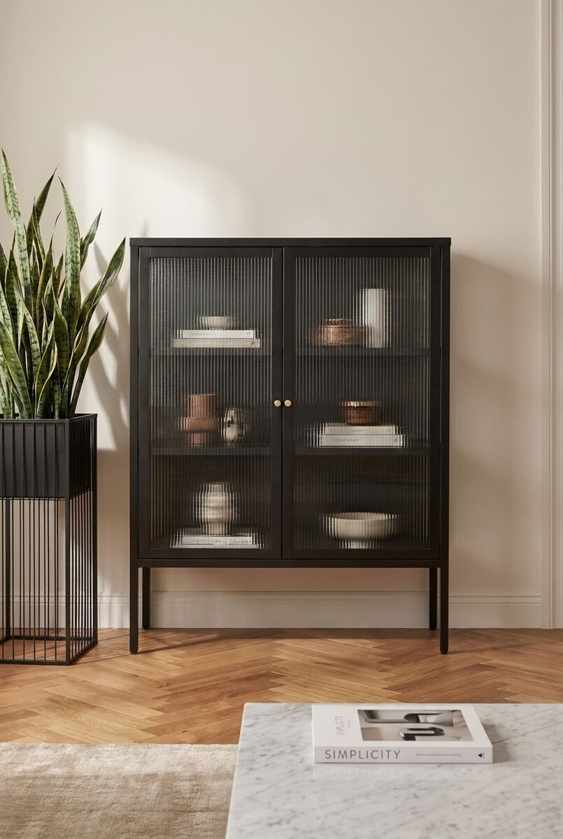 Black Metal and Fluted Glass Door Cabinet | Addison