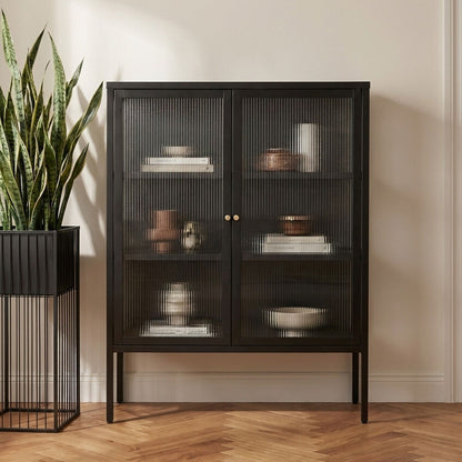 Black Metal and Fluted Glass Door Cabinet | Addison