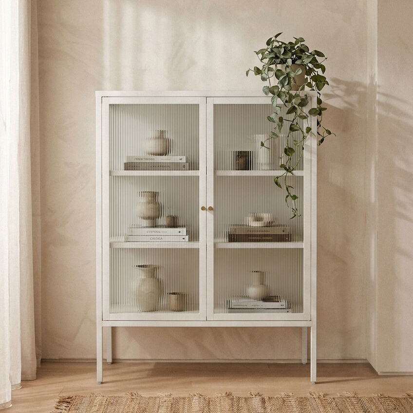 Warm White Metal and Fluted Glass Door Cabinet | Addison