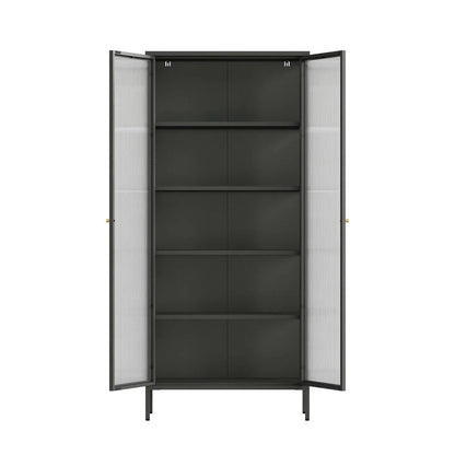 Addison Black Metal Tall Cabinet with Fluted Glass Doors