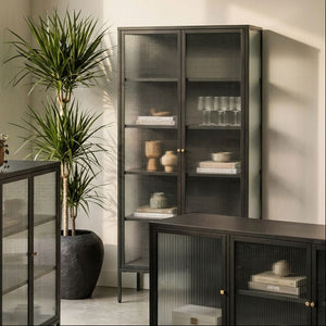 Addison Black Metal Tall Cabinet with Fluted Glass Doors
