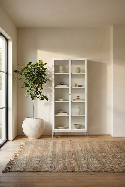 Warm White Metal Fluted Glass Door Tall Cabinet | Addison