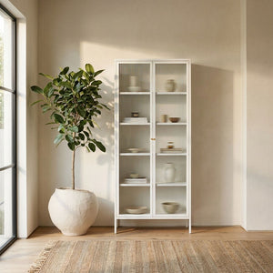 Addison Warm White Metal and Fluted Glass Door Tall Cabinet