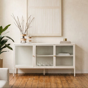 Addison Warm White Metal Sideboard with Fluted Glass Doors