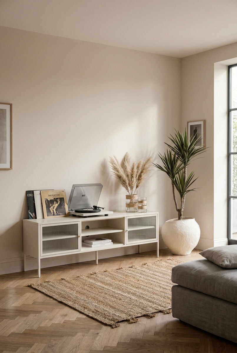 Warm White Metal Fluted Glass Door Media Unit | Addison