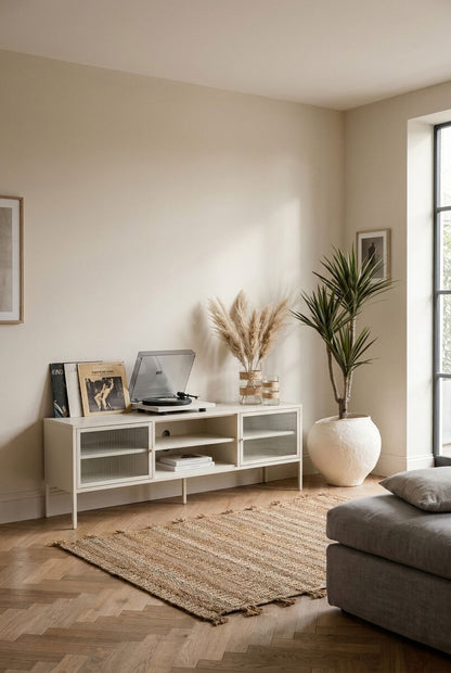 Warm White Metal Fluted Glass Door Media Unit | Addison