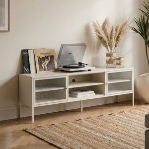 Addison Warm White Metal Media Unit with Fluted Glass Doors