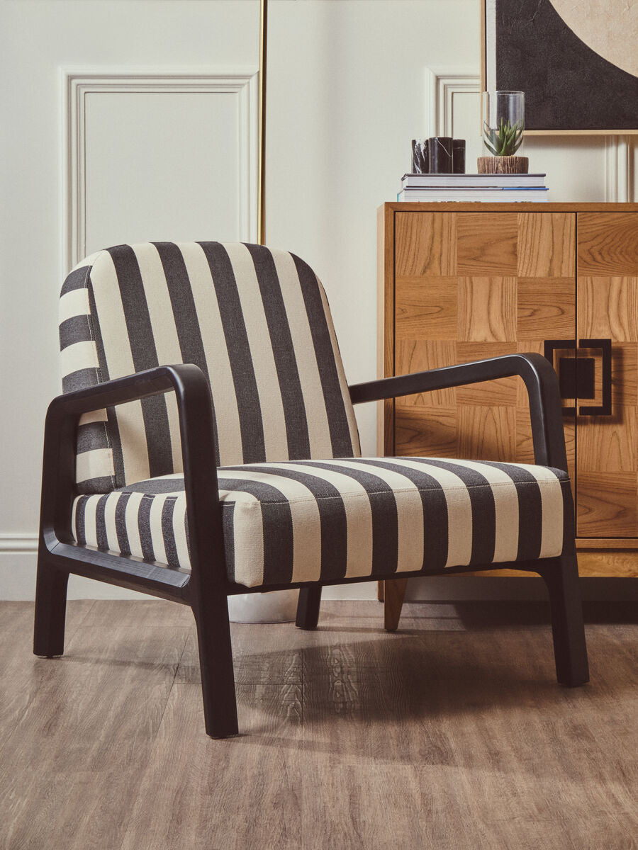 Parnay Black and White Stripe Armchair with Wooden Frame