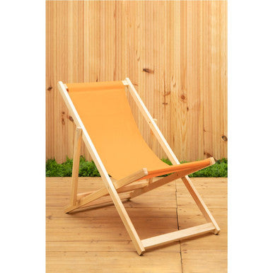 Yellow deck chair on a wooden floor with a wooden wall background