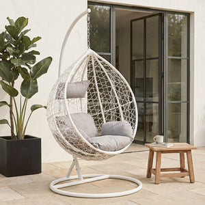 Goa White Rattan Effect Hanging Egg Chair with Grey Cushions