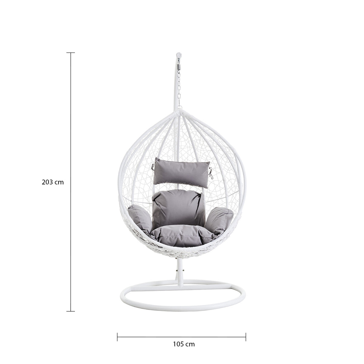 Goa White Rattan Effect Hanging Chair with Grey Cushions