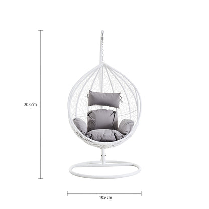 Goa White Rattan Effect Hanging Chair with Grey Cushions