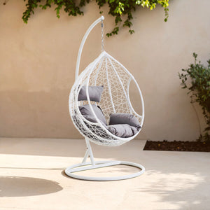 Goa White Rattan Effect Hanging Chair With Grey Cushions