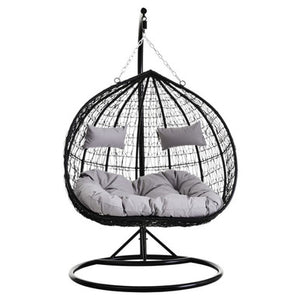 Goa Black Rattan Effect Double Hanging Chair With Grey Cushions