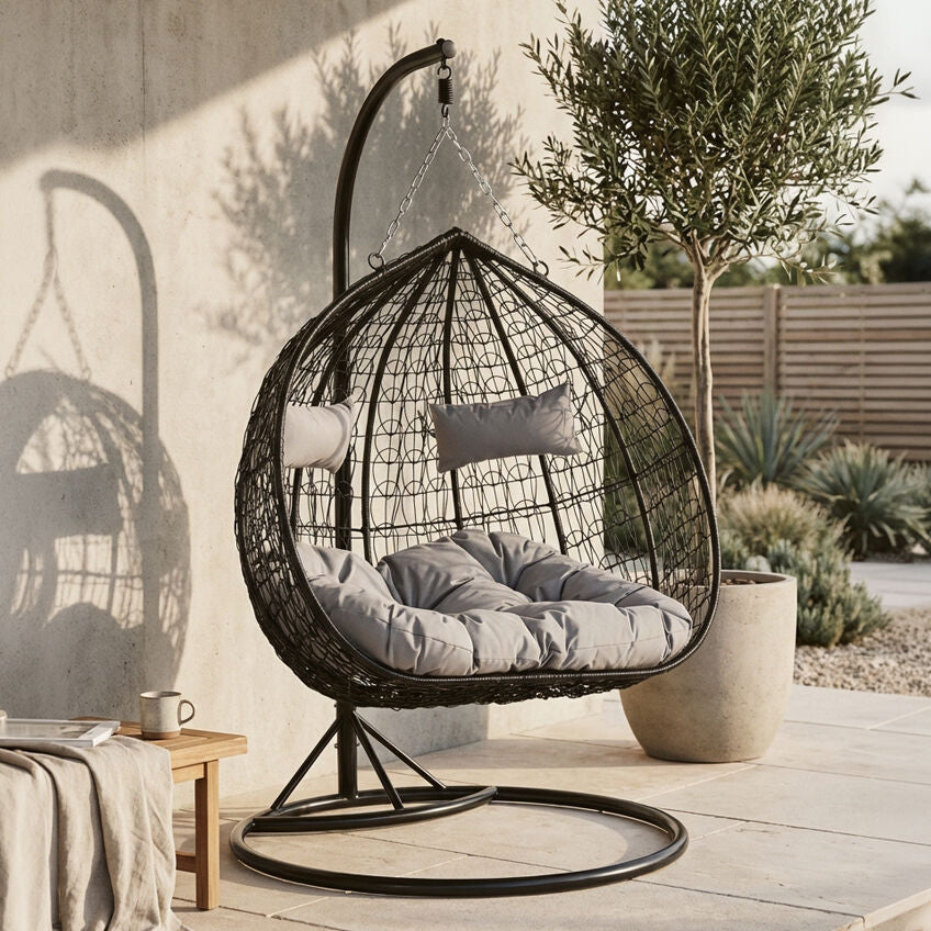 Goa Black Rattan Effect Double Hanging Chair With Grey Cushions