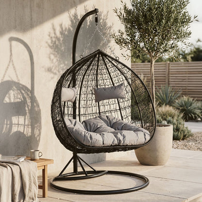 Goa Black Rattan Effect Double Hanging Chair With Grey Cushions