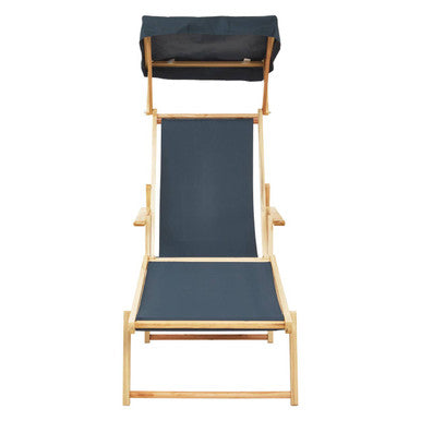 Foldable beach chair with navy cushions and wooden frame on a white background