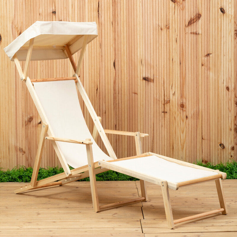 Wooden deck chair with canopy on a wooden deck