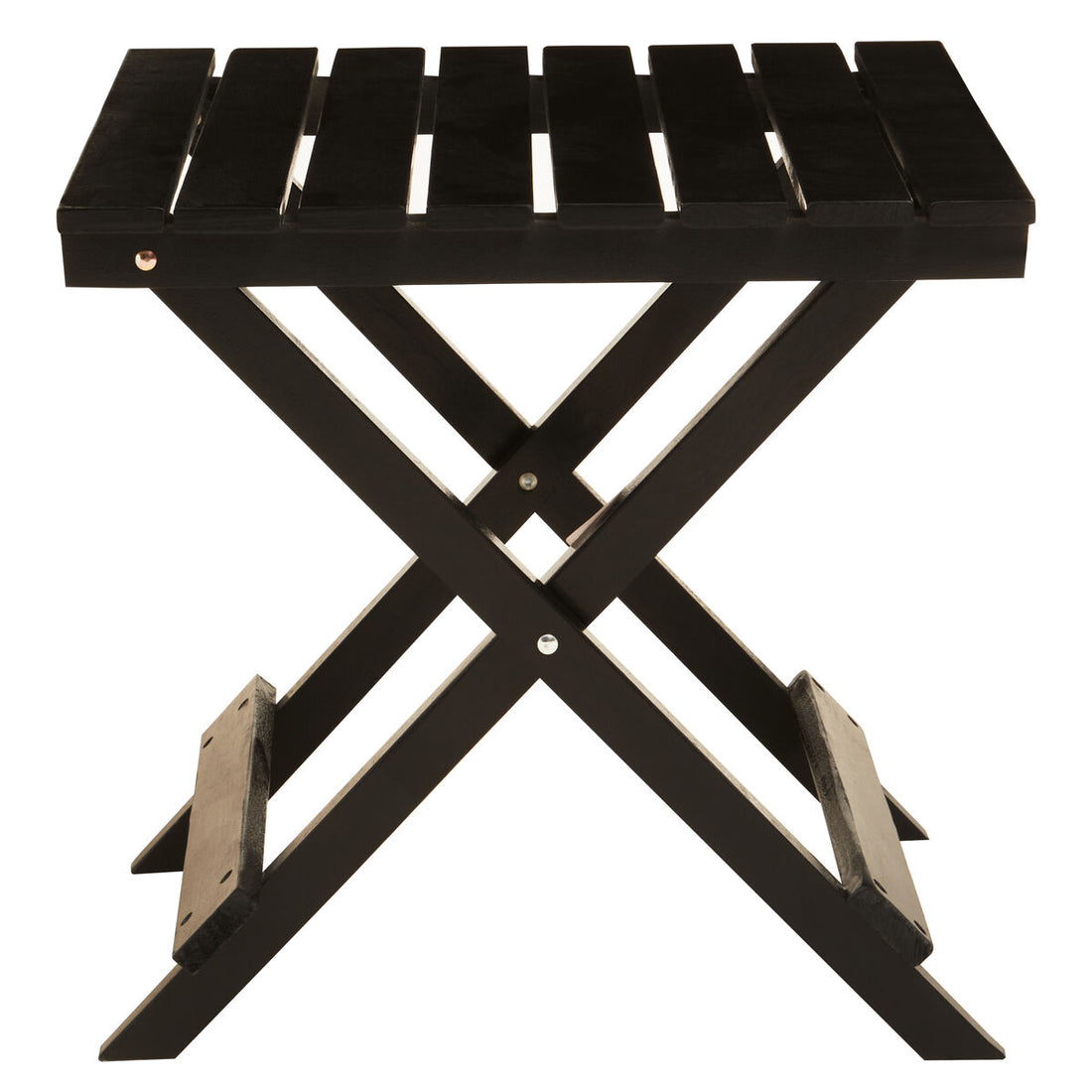 Black folding stool with slatted top on a white background