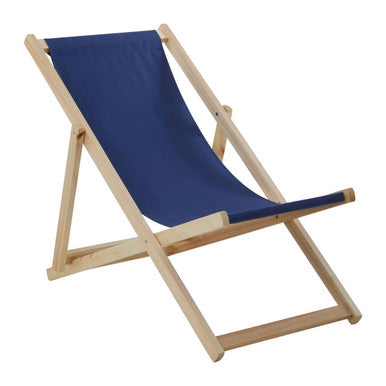 Wooden deck chair with blue fabric on a white background