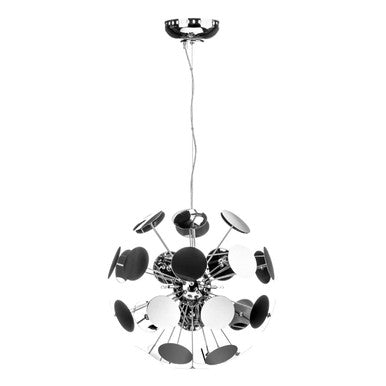 Modern chandelier with black and white design on a white background