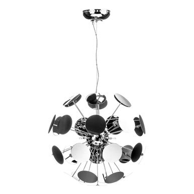 Modern chandelier with black and white design on a white background