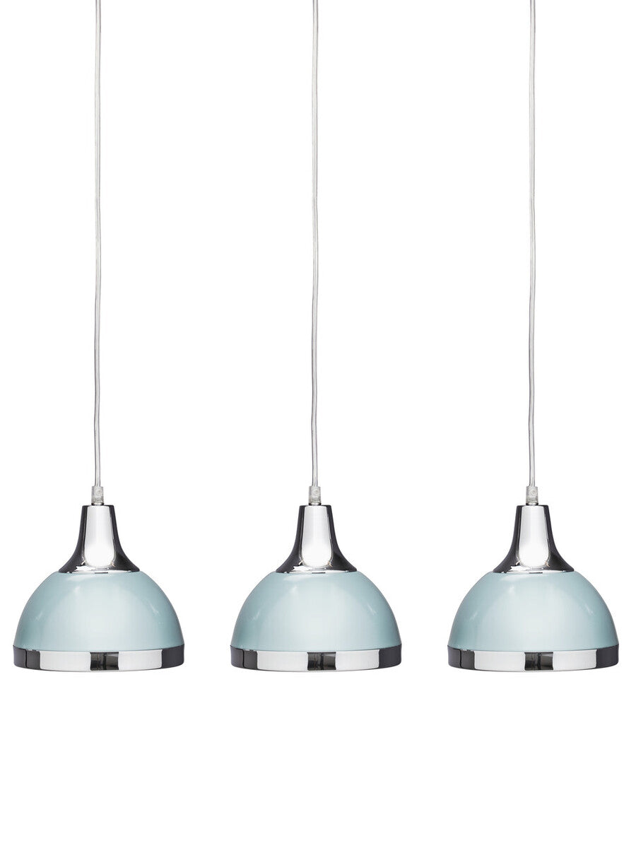 Three pendant lights with blue glass shades on a white background