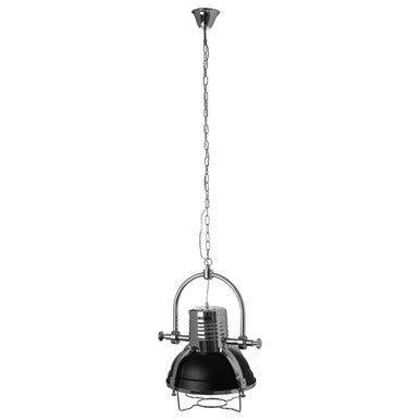 Black pendant light with metal chain on a white background