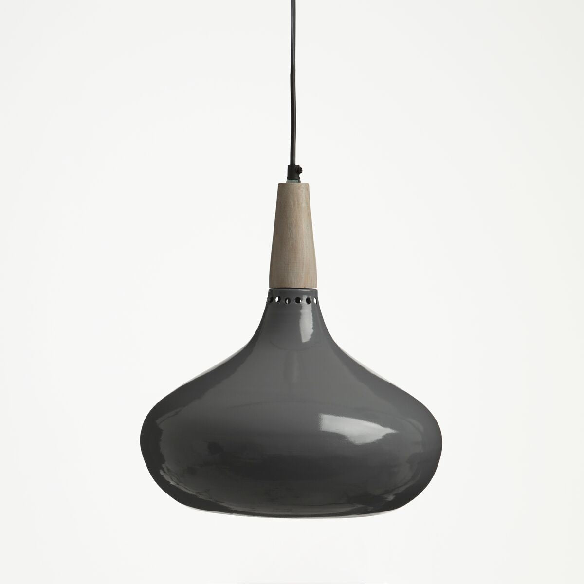 Gray pendant lamp with wooden accent on a white background