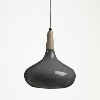 Gray pendant lamp with wooden accent on a white background