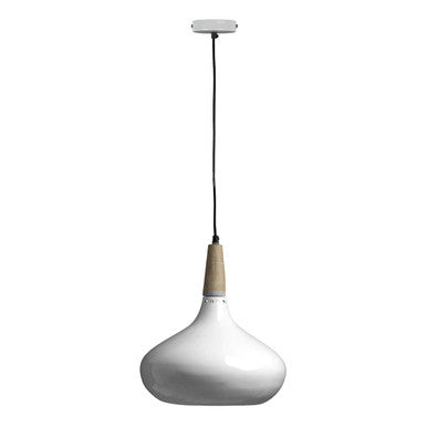 White pendant lamp with wooden accent on a white background