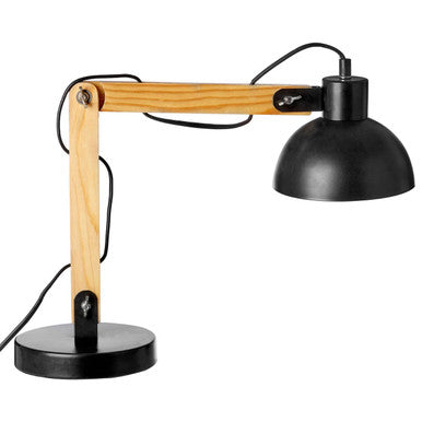 Table lamp with wooden arm and black shade on a white background