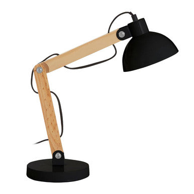 Table lamp with wooden arm and black shade on a white background