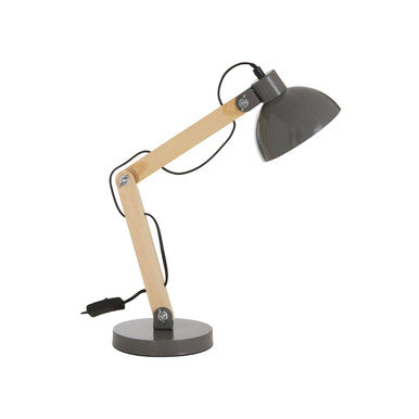 Desk lamp with wooden arm and gray shade on a white background