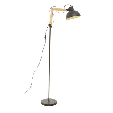 Floor lamp with wooden arm and black shade on a white background