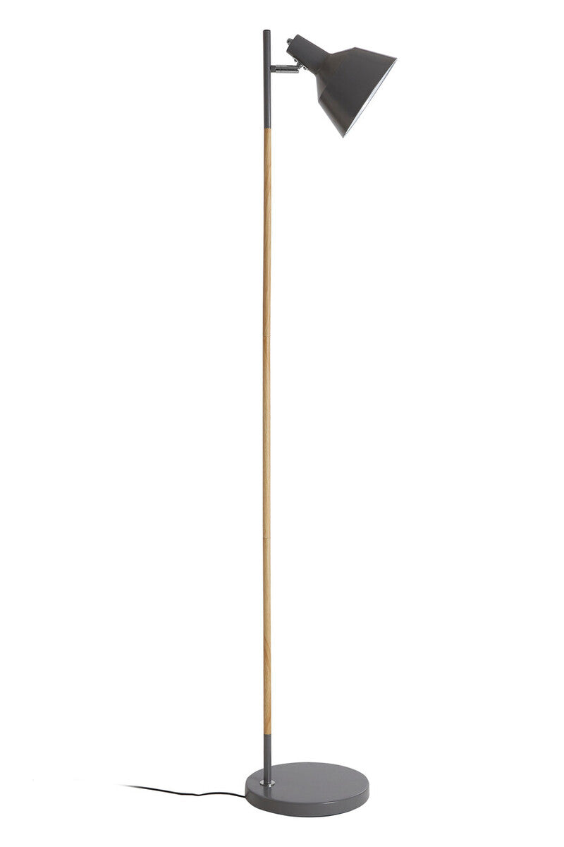 Floor lamp with a black shade and wooden pole on a white background