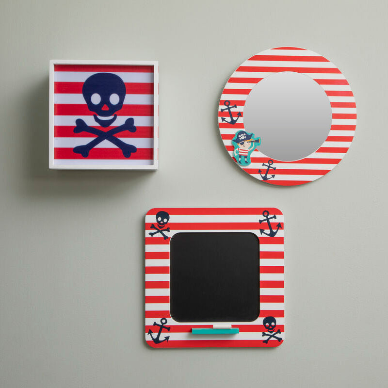 Three decorative items with red and white striped patterns and skull designs on a plain background.