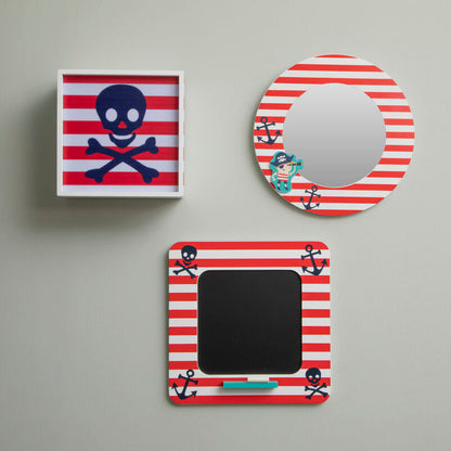 Three decorative items with red and white striped patterns and skull designs on a plain background.