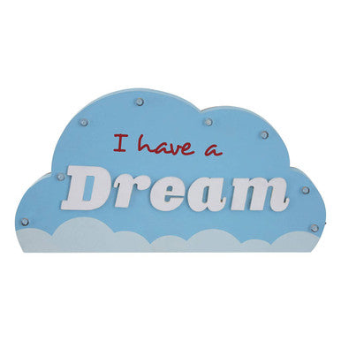 Blue cloud-shaped sign with &