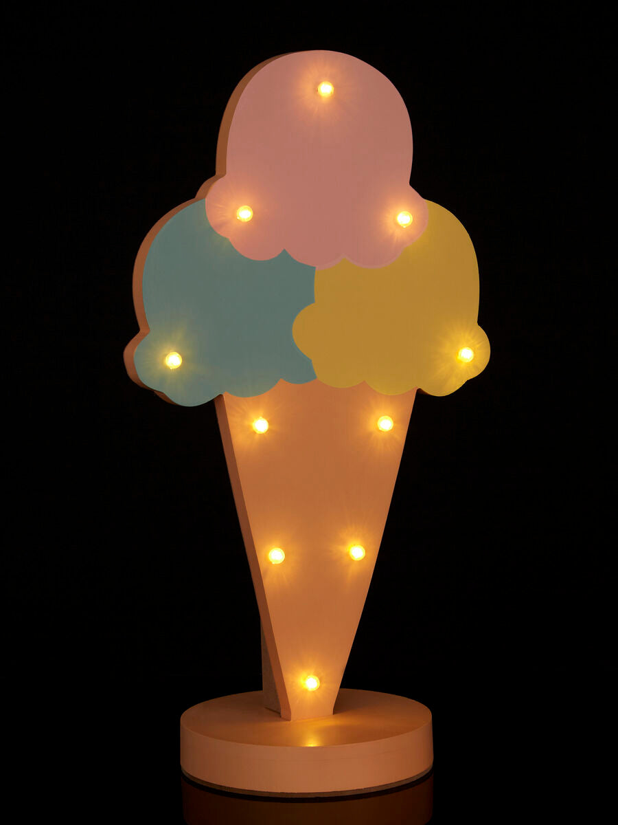 Ice cream cone-shaped lamp with colorful lights on a black background