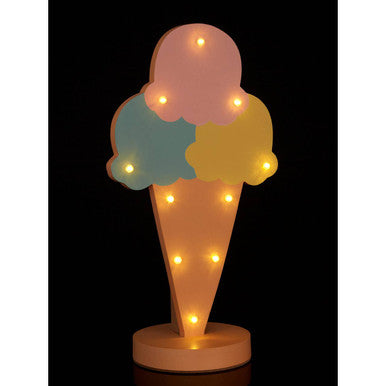 Decorative ice cream cone lamp with colorful scoops and glowing bulbs on a black background