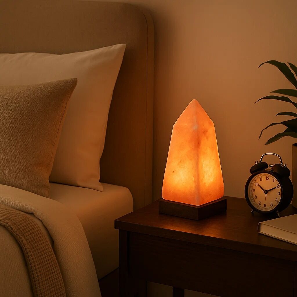 Himalayan salt lamp on a bedside table next to a bed with pillows and an alarm clock.