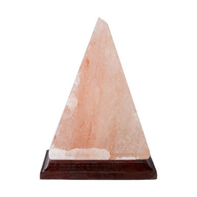 Pyramid-shaped pink salt lamp on a white background
